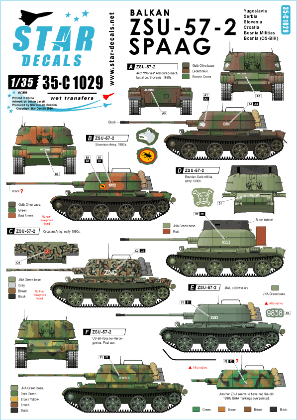 1/35 バルカン諸国のZSU-57-2自走対空砲 デカールセット ユーゴ、クロアチア、セルビア他