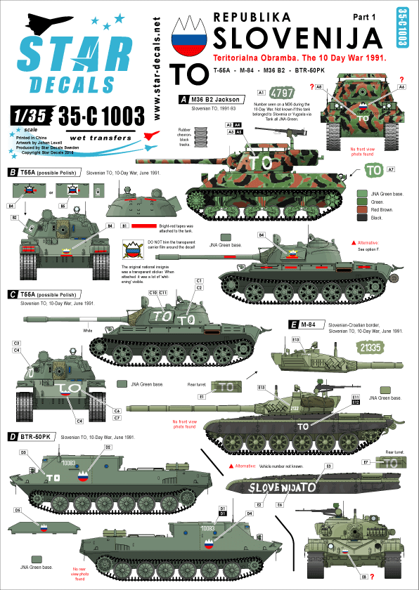 1/35 スロベニア独立戦争 1991 #1 M36B2,T-55A,M-84,BTR-50PK デカールセット - ウインドウを閉じる