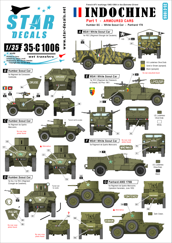 1/35 インドシナ紛争 #1 装甲車 ホワイトスカウト,ハンバーSC,パナール178 デカールセット