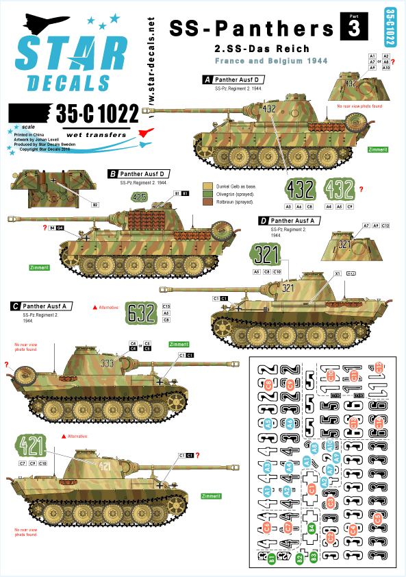 1/35 WWII独 武装親衛隊のパンター #3 第2装甲師団 ダス・ライヒ D型&A型 フランス/ベルギー デカールセット