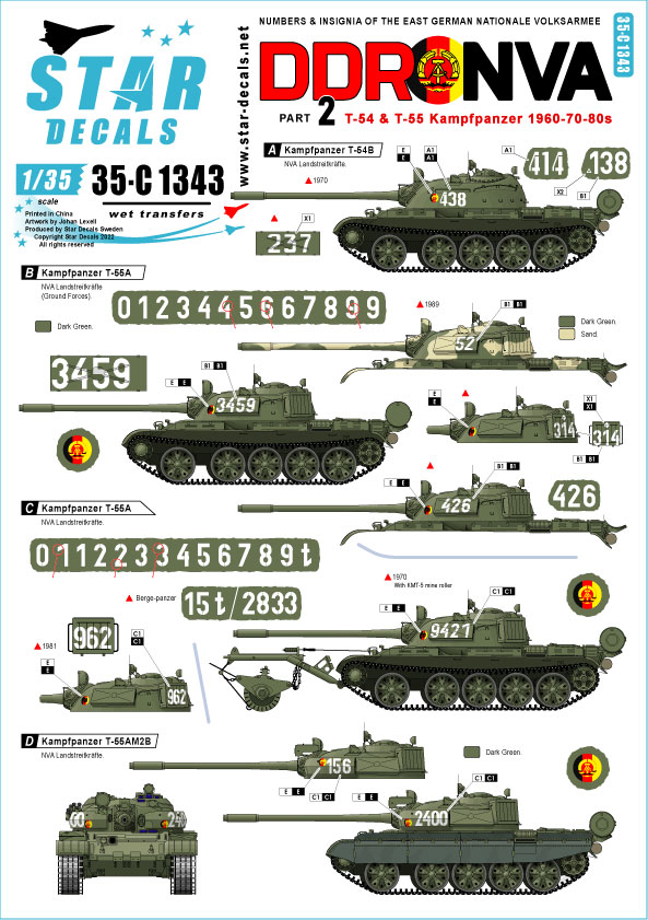 1/35 現用 東ドイツ国家人民軍＃2 T-54&T-55 1960〜1970〜80年代 大サイズ車番 国籍マーク