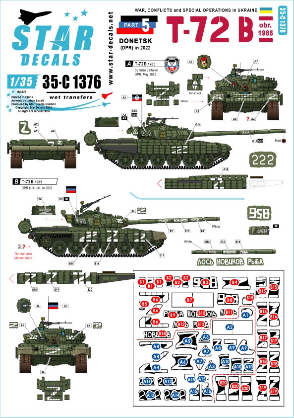 1/35 現用 ウクライナの戦争＃5 ドネツク共和国のT-72B(Mod.1985)戦車(2022年) - ウインドウを閉じる