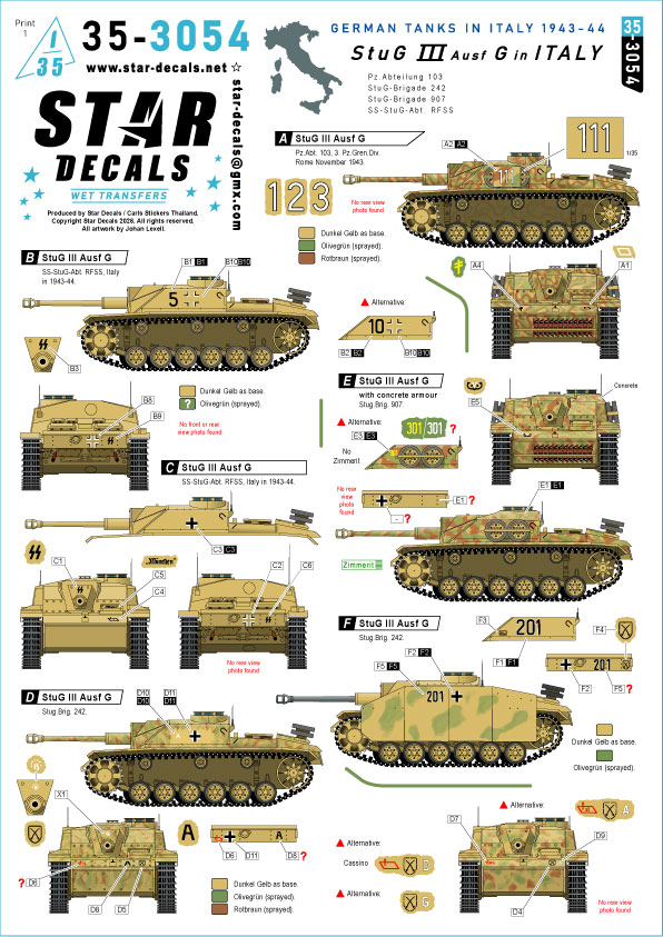 1/35 WWII ドイツ イタリア戦線のIII号突撃砲G型 第103戦車大隊/第242突撃砲旅団/第907突撃砲旅団/SS突撃