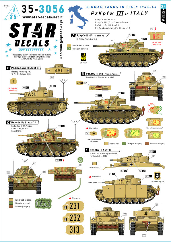 1/35 WWII ドイツ イタリア戦線のIII号戦車 N型/火炎放射戦車/観測戦車G型/指揮戦車J型