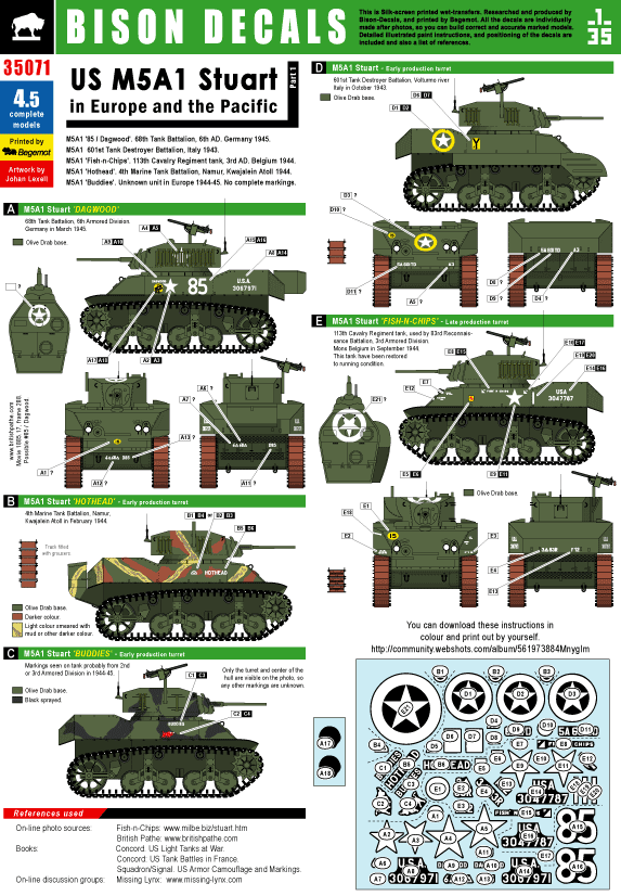 1/35 M5A1スチュアート(欧州/太平洋戦線)デカールセット